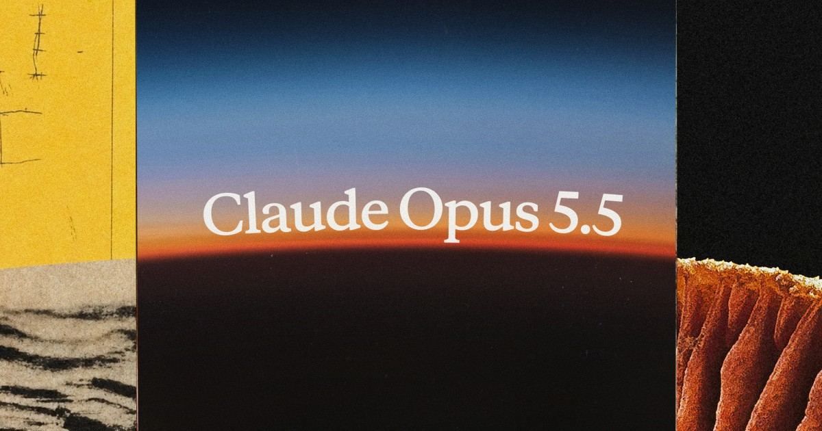 Claude Opus 5.5 launch artwork: a horizon at dawn framed by textured collage panels